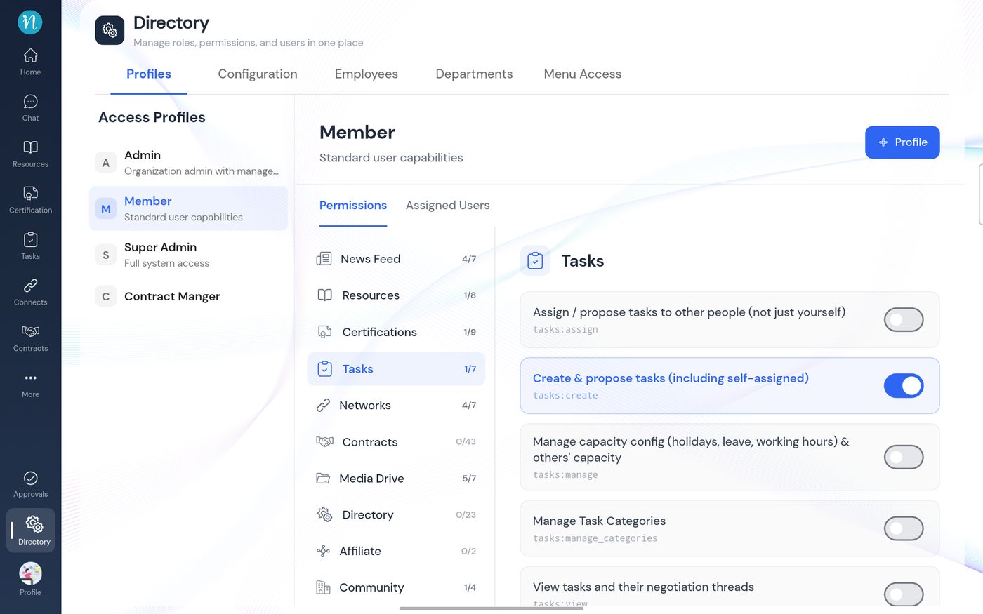 The Member profile's Tasks permissions