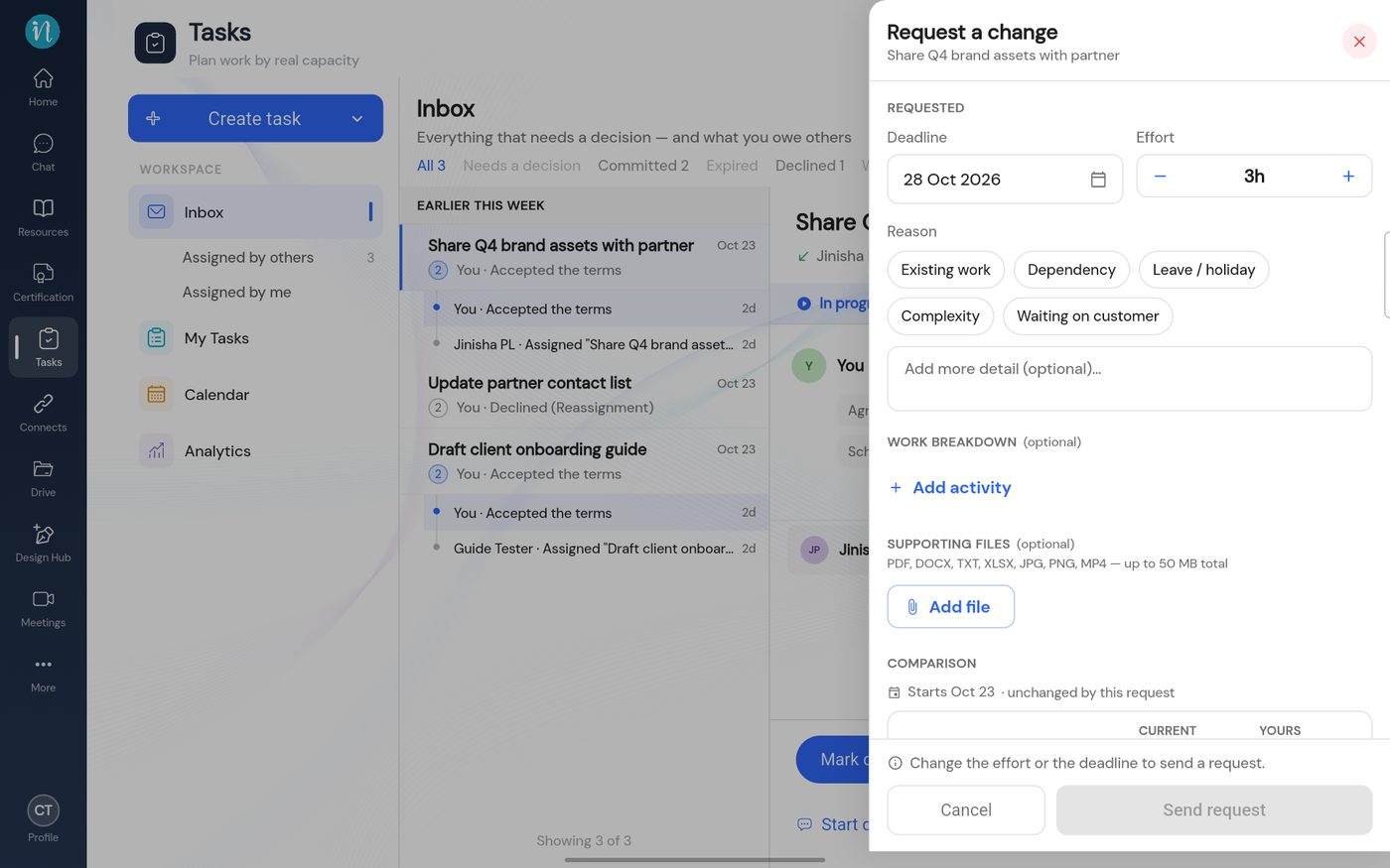 Request a change on a task in progress
